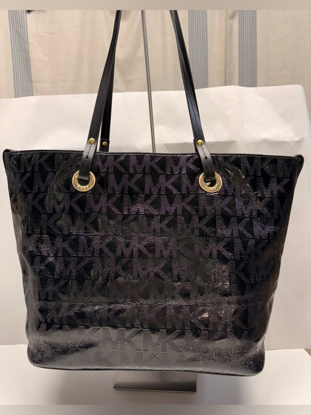 Michael Kors Black MK Monogram Patent Tote EUC